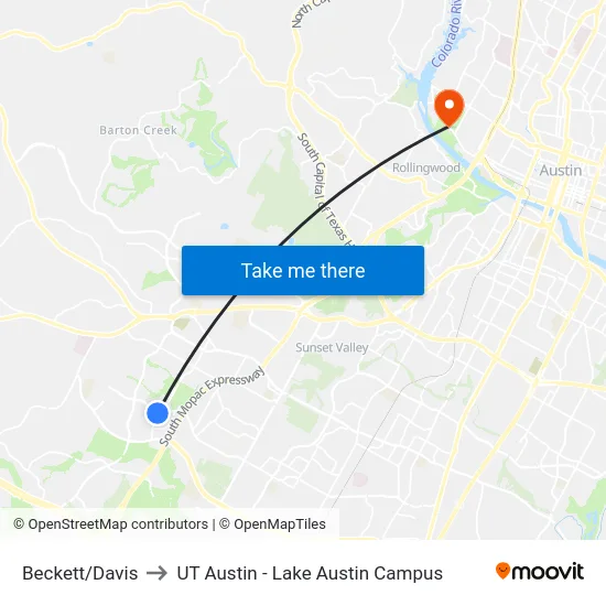 Beckett/Davis to UT Austin - Lake Austin Campus map