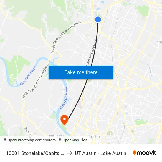 10001 Stonelake/Capital Of Texas to UT Austin - Lake Austin Campus map