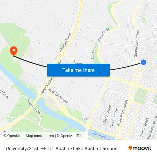University/21st to UT Austin - Lake Austin Campus map