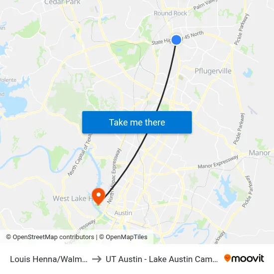 Louis Henna/Walmart to UT Austin - Lake Austin Campus map