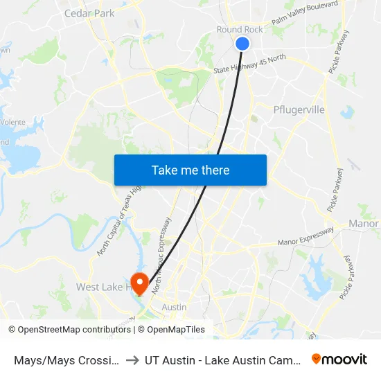 Mays/Mays Crossing to UT Austin - Lake Austin Campus map