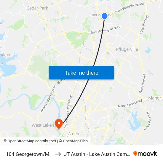 104 Georgetown/Main to UT Austin - Lake Austin Campus map