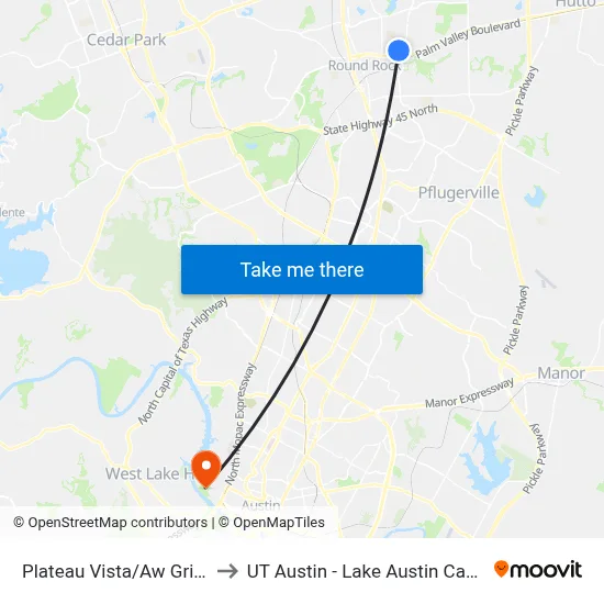 Plateau Vista/Aw Grimes to UT Austin - Lake Austin Campus map