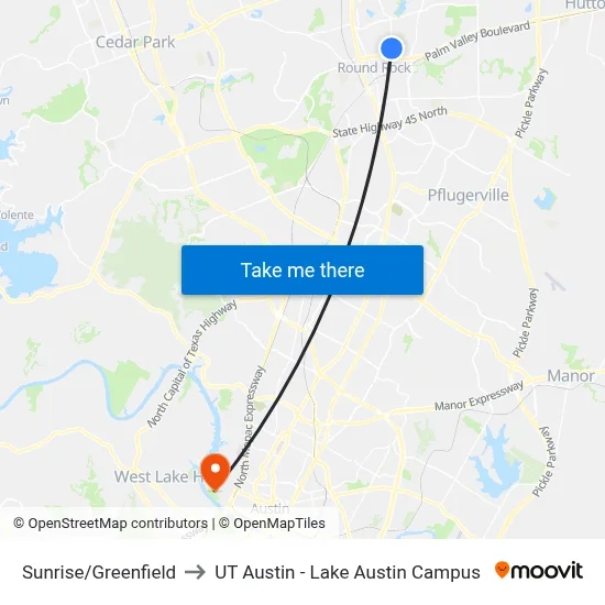 Sunrise/Greenfield to UT Austin - Lake Austin Campus map