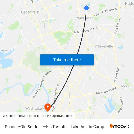 Sunrise/Old Settlers to UT Austin - Lake Austin Campus map