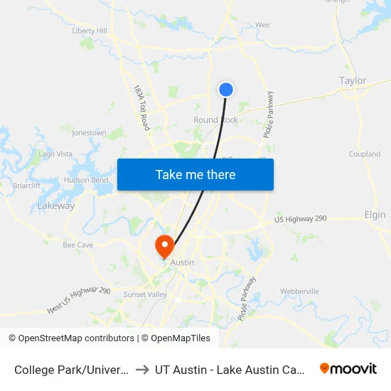 College Park/University to UT Austin - Lake Austin Campus map