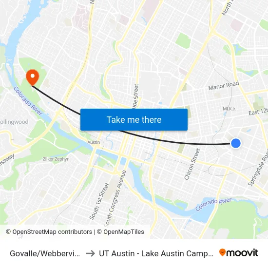 Govalle/Webberville to UT Austin - Lake Austin Campus map