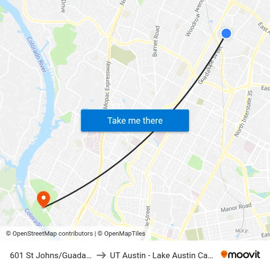601 St Johns/Guadalupe to UT Austin - Lake Austin Campus map