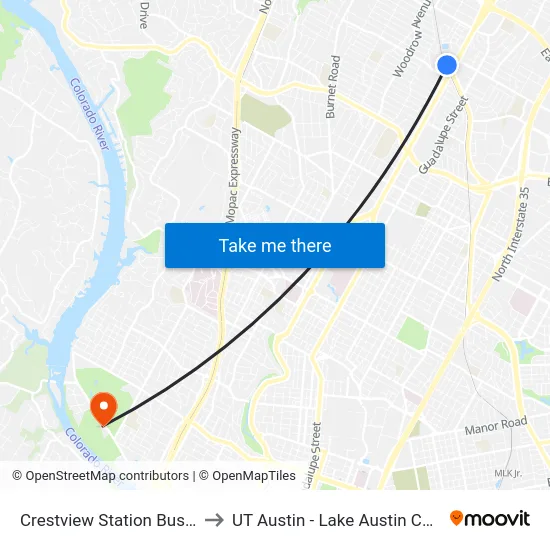 Crestview Station Bus Stop to UT Austin - Lake Austin Campus map