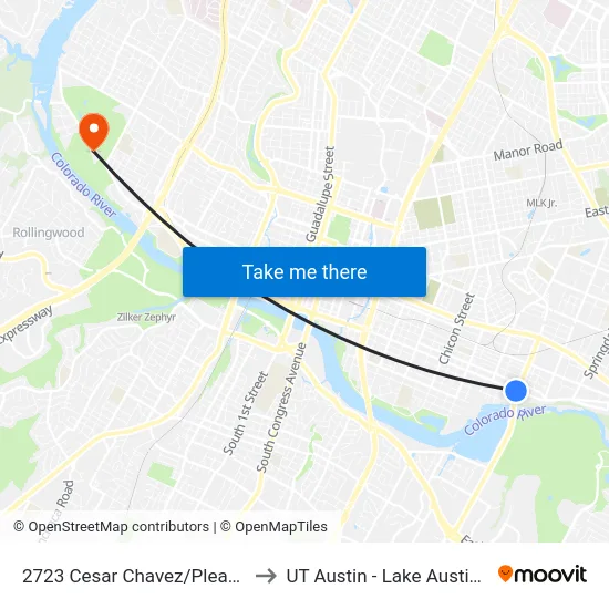 2723 Cesar Chavez/Pleasant Valley to UT Austin - Lake Austin Campus map