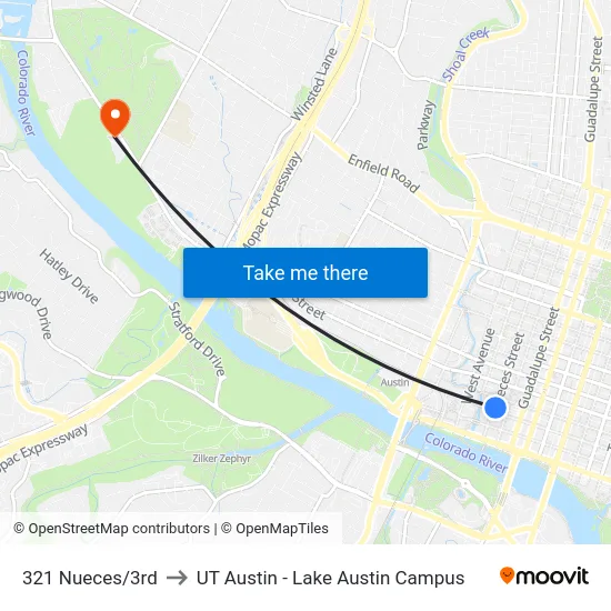 321 Nueces/3rd to UT Austin - Lake Austin Campus map
