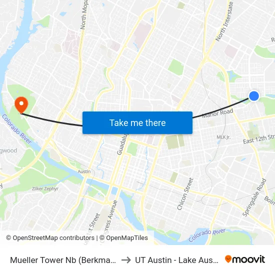 Mueller Tower Nb (Berkman/Tom Miller) to UT Austin - Lake Austin Campus map