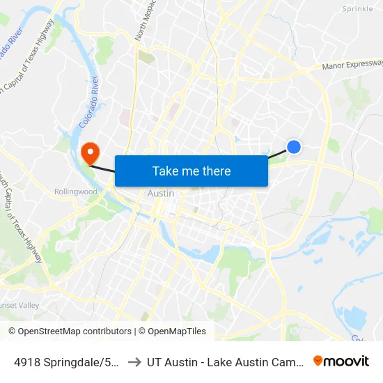 4918 Springdale/51st to UT Austin - Lake Austin Campus map