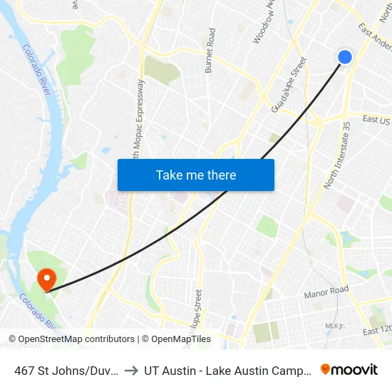 467 St Johns/Duval to UT Austin - Lake Austin Campus map