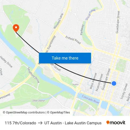 115 7th/Colorado to UT Austin - Lake Austin Campus map