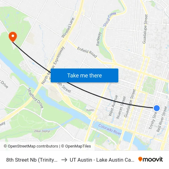 8th Street Nb (Trinity/8th) to UT Austin - Lake Austin Campus map