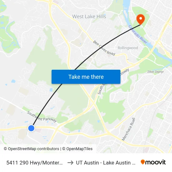 5411 290 Hwy/Monterey Oaks to UT Austin - Lake Austin Campus map
