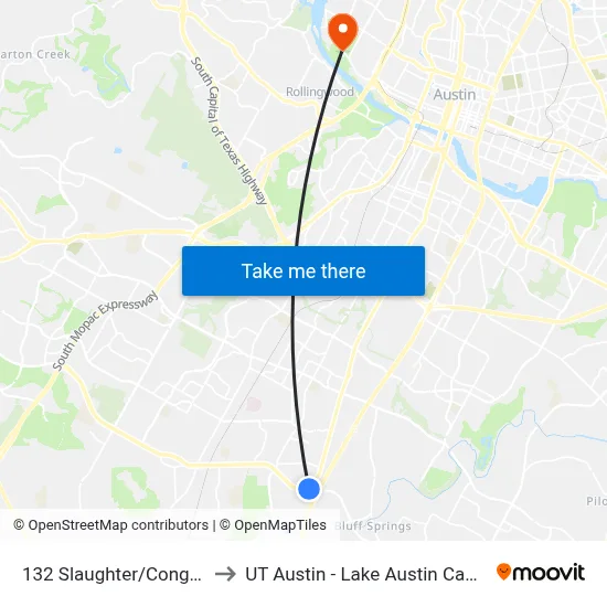 132 Slaughter/Congress to UT Austin - Lake Austin Campus map