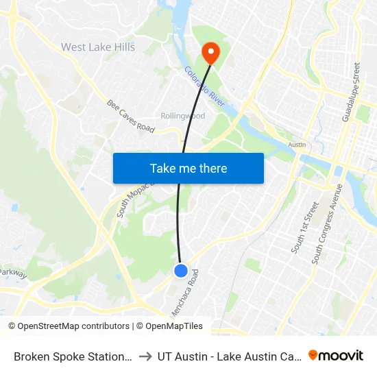 Broken Spoke Station (Nb) to UT Austin - Lake Austin Campus map