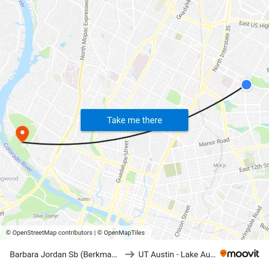Barbara Jordan Sb (Berkman/Barbara Jordan) to UT Austin - Lake Austin Campus map