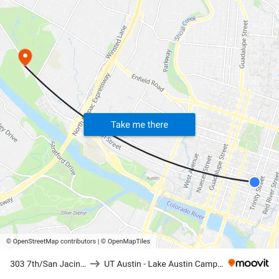 7th/San Jacinto to UT Austin - Lake Austin Campus map