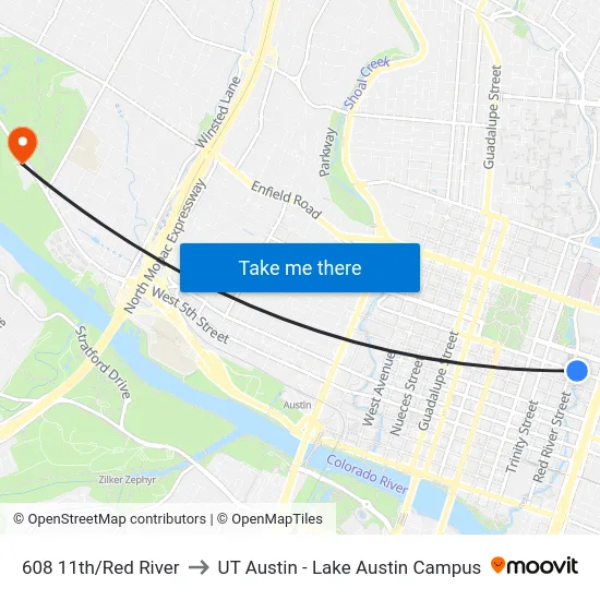 608 11th/Red River to UT Austin - Lake Austin Campus map