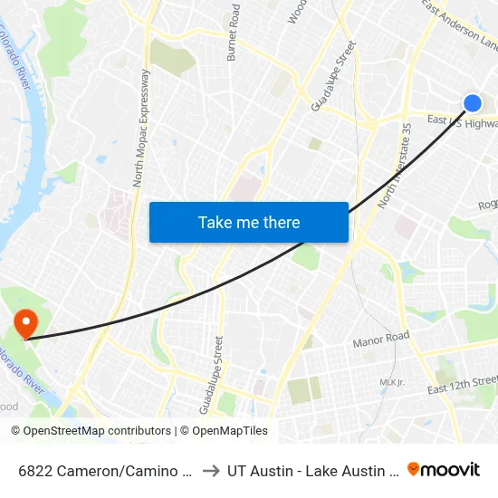 6822 Cameron/Camino La Costa to UT Austin - Lake Austin Campus map