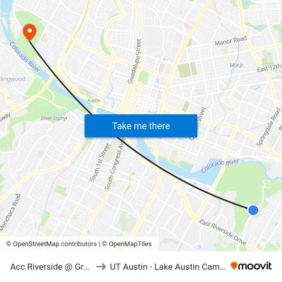 Acc Riverside  @ Grove to UT Austin - Lake Austin Campus map