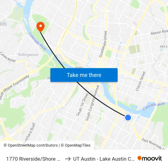 1770 Riverside/Shore District to UT Austin - Lake Austin Campus map