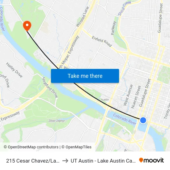 215 Cesar Chavez/Lavaca to UT Austin - Lake Austin Campus map