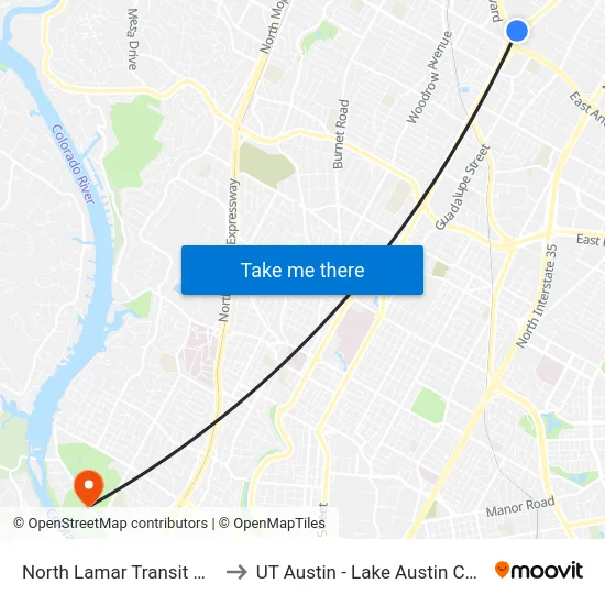 North Lamar Transit Center to UT Austin - Lake Austin Campus map
