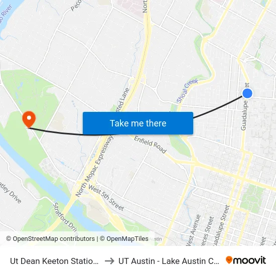 Ut Dean Keeton Station (Nb) to UT Austin - Lake Austin Campus map