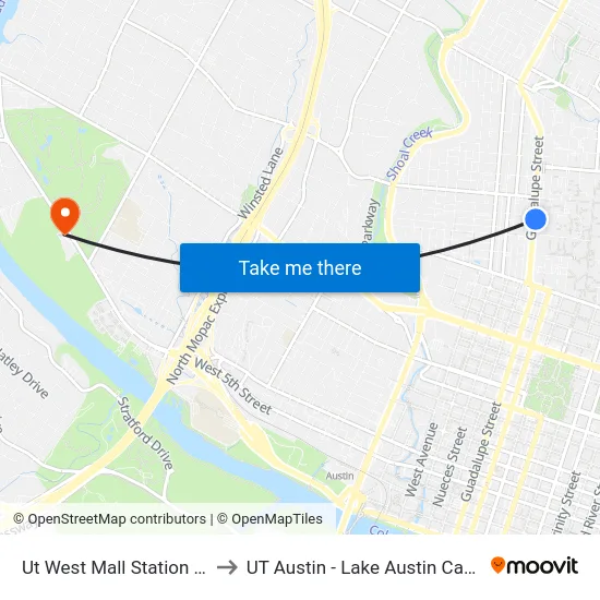 Ut West Mall Station (Nb) to UT Austin - Lake Austin Campus map