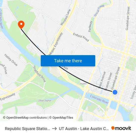 Republic Square Station (Nb) to UT Austin - Lake Austin Campus map