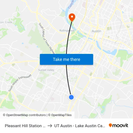 Pleasant Hill Station (Sb) to UT Austin - Lake Austin Campus map