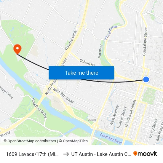1609 Lavaca/17th (Midblock) to UT Austin - Lake Austin Campus map