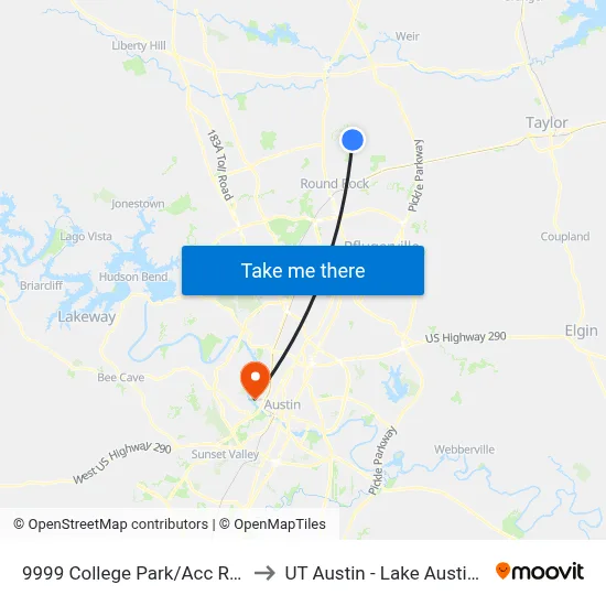 9999 College Park/Acc Round Rock to UT Austin - Lake Austin Campus map