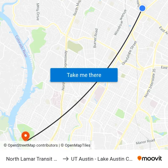 North Lamar Transit Center to UT Austin - Lake Austin Campus map
