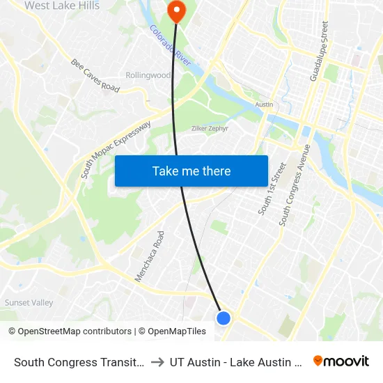 South Congress Transit Center to UT Austin - Lake Austin Campus map