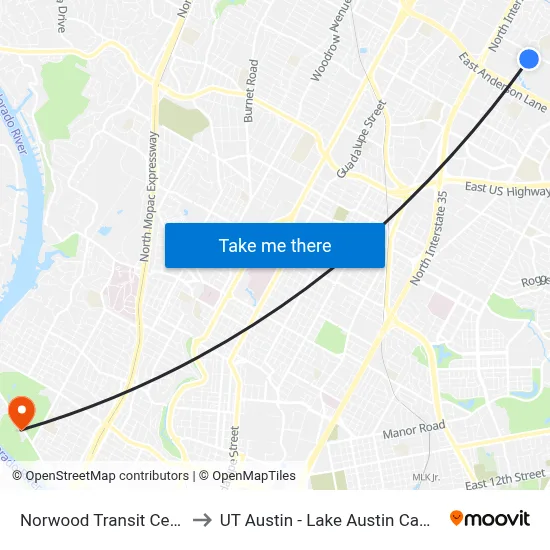 Norwood Transit Center to UT Austin - Lake Austin Campus map