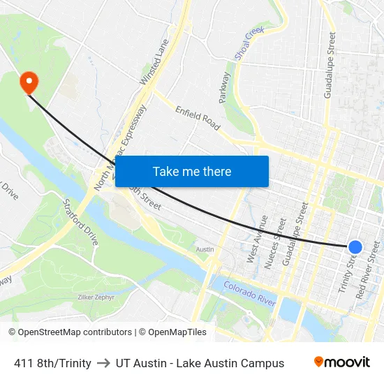 411 8th/Trinity to UT Austin - Lake Austin Campus map