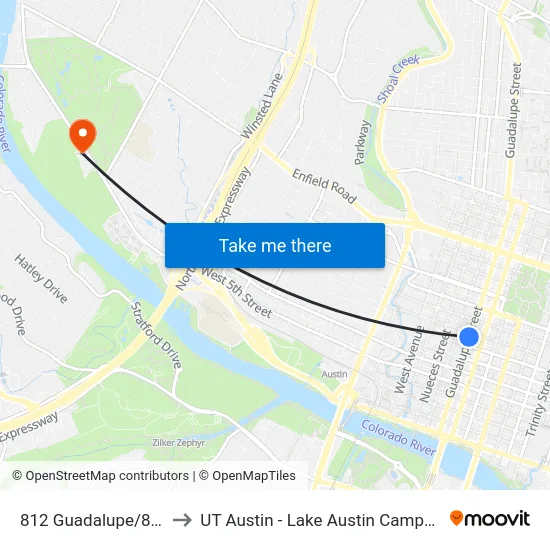 812 Guadalupe/8th to UT Austin - Lake Austin Campus map