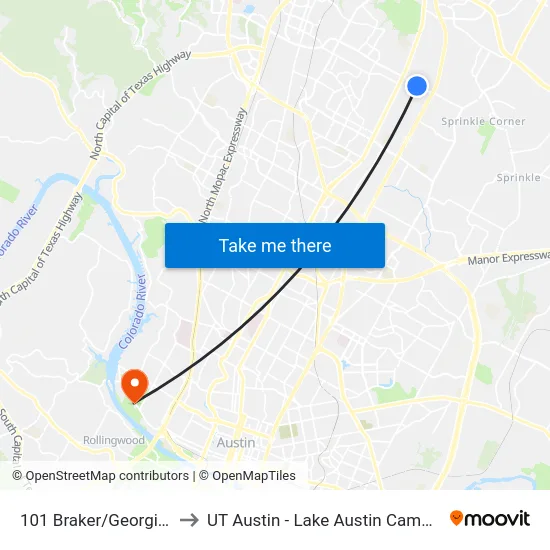 101 Braker/Georgian to UT Austin - Lake Austin Campus map