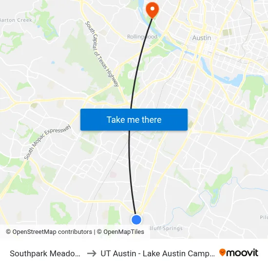 Southpark Meadows to UT Austin - Lake Austin Campus map