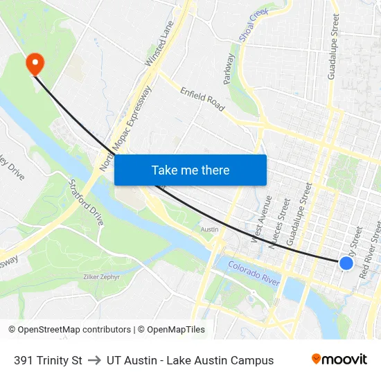 391 Trinity St to UT Austin - Lake Austin Campus map