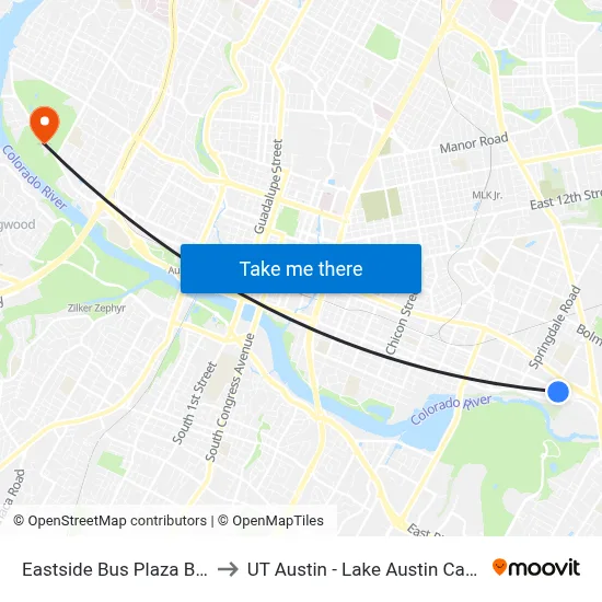 Eastside Bus Plaza Bay C to UT Austin - Lake Austin Campus map