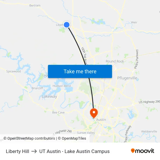 Liberty Hill to UT Austin - Lake Austin Campus map