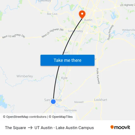 The Square to UT Austin - Lake Austin Campus map