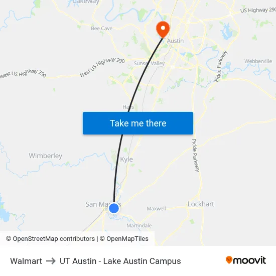 Walmart to UT Austin - Lake Austin Campus map