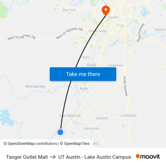 Tanger Outlet Mall to UT Austin - Lake Austin Campus map